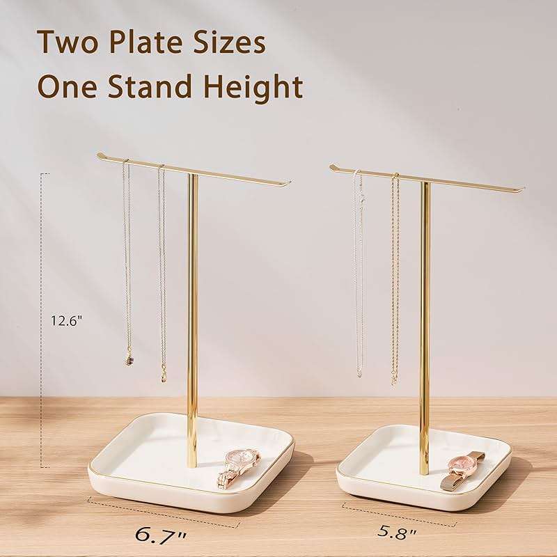 pickpiff Necklace Holder Stand with Ceramic Base: 12" Jewelry Tree Display Organizer for Necklaces, Bracelets, Rings, Earrings, Tall Gold Stand for Women, Aesthetic Room Décor, Gold and White - Image 3