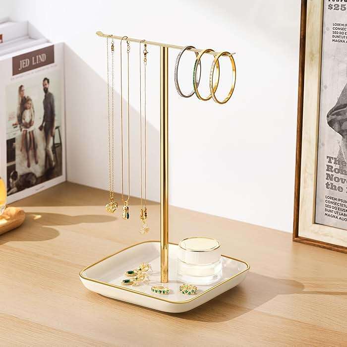pickpiff Necklace Holder Stand with Ceramic Base: 12" Jewelry Tree Display Organizer for Necklaces, Bracelets, Rings, Earrings, Tall Gold Stand for Women, Aesthetic Room Décor, Gold and White - Image 4