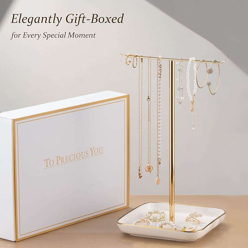 pickpiff Necklace Holder Stand with Ceramic Base: 12" Jewelry Tree Display Organizer for Necklaces, Bracelets, Rings, Earrings, Tall Gold Stand for Women, Aesthetic Room Décor, Gold and White - Image 5