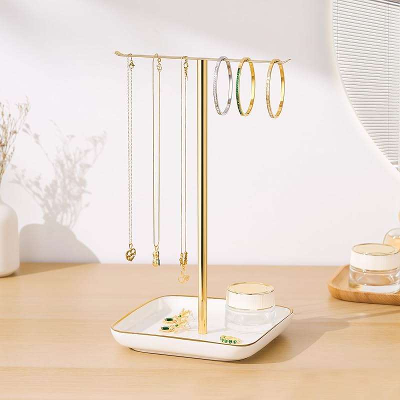 pickpiff Necklace Holder Stand with Ceramic Base: 12" Jewelry Tree Display Organizer for Necklaces, Bracelets, Rings, Earrings, Tall Gold Stand for Women, Aesthetic Room Décor, Gold and White - Image 6