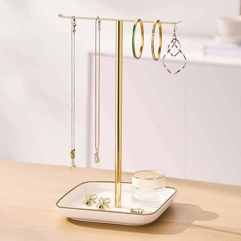 pickpiff Necklace Holder Stand with Ceramic Base: 12" Jewelry Tree Display Organizer for Necklaces, Bracelets, Rings, Earrings, Tall Gold Stand for Women, Aesthetic Room Décor, Gold and White - Image 7