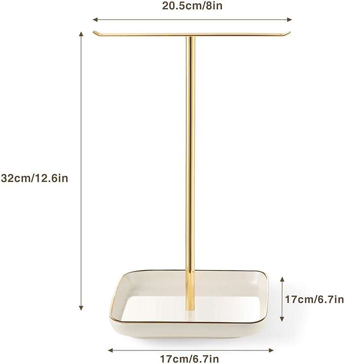 pickpiff Necklace Holder Stand with Ceramic Base: 12" Jewelry Tree Display Organizer for Necklaces, Bracelets, Rings, Earrings, Tall Gold Stand for Women, Aesthetic Room Décor, Gold and White - Image 8