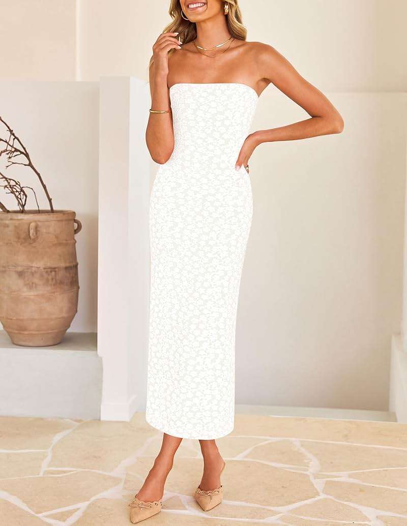 ZESICA Women's 2026 Summer Floral Strapless Bodycon Midi Dress Off Shoulder Beach Formal Cocktail Wedding Guest Long Dresses - Image 2