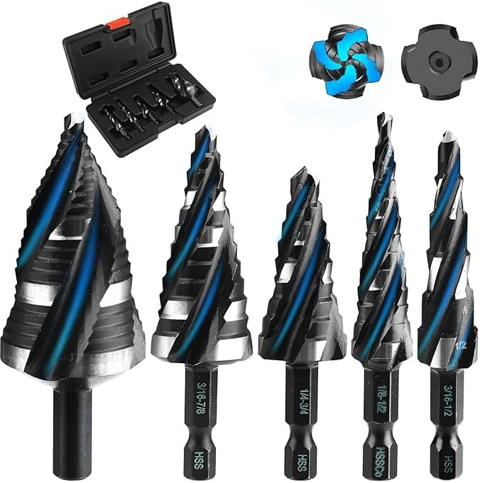 TVWVT Step Drill Bit Set, 5PCS Four Spiral Flute Step Bits for Metal, 50 Sizes Titanium-Coated HSS Drill Bits with 1/4" Hex Shank for Stainless Steel Aluminum Wood Plastic - Product Image