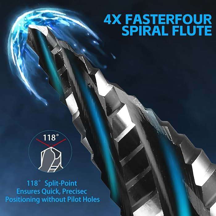 TVWVT Step Drill Bit Set, 5PCS Four Spiral Flute Step Bits for Metal, 50 Sizes Titanium-Coated HSS Drill Bits with 1/4" Hex Shank for Stainless Steel Aluminum Wood Plastic - Image 4