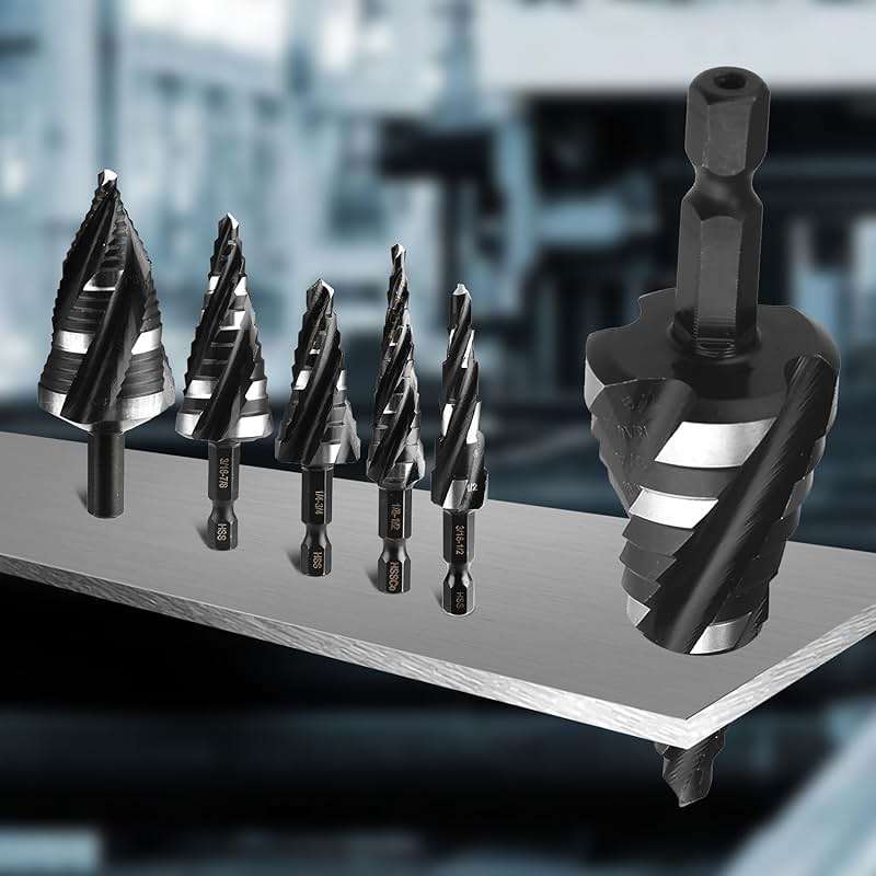 TVWVT Step Drill Bit Set, 5PCS Four Spiral Flute Step Bits for Metal, 50 Sizes Titanium-Coated HSS Drill Bits with 1/4" Hex Shank for Stainless Steel Aluminum Wood Plastic - Image 6