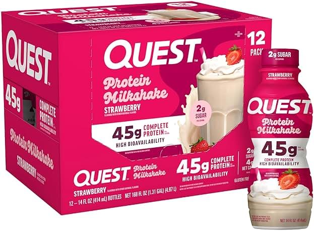 Quest Nutrition Strawberry Protein Shake, 45g Protein, 2g Sugar, 4g Net Carbs, Ready to Drink, Gluten Free, 12 Count - Product Image