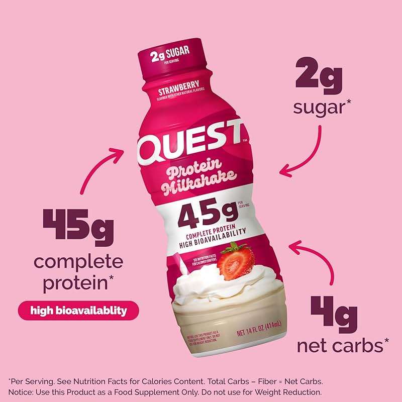 Quest Nutrition Strawberry Protein Shake, 45g Protein, 2g Sugar, 4g Net Carbs, Ready to Drink, Gluten Free, 12 Count - Image 2