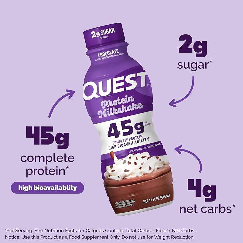 Quest Nutrition Chocolate Protein Shake, 45g Protein, 2g Sugar, 4g Net Carbs, Ready to Drink, Gluten Free, 12 Count - Image 3