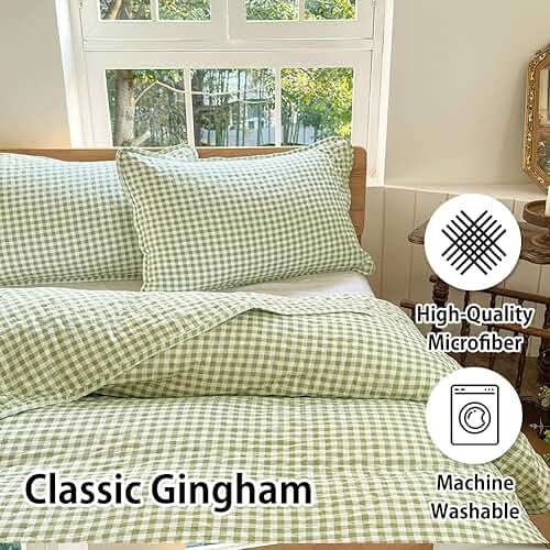 Sage Green Gingham Queen Quilt Set, Soft Pre-washed Microfiber Green Plaid Queen Bedspread, Lightweight Checked Summer Quilt, Grid Bedding Coverlets for All Seasons (Includes 1 Quilt, 2 Pillow Shams) - Image 2