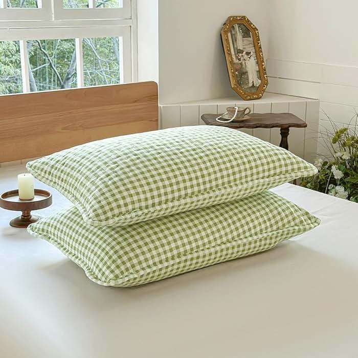 Sage Green Gingham Queen Quilt Set, Soft Pre-washed Microfiber Green Plaid Queen Bedspread, Lightweight Checked Summer Quilt, Grid Bedding Coverlets for All Seasons (Includes 1 Quilt, 2 Pillow Shams) - Image 5