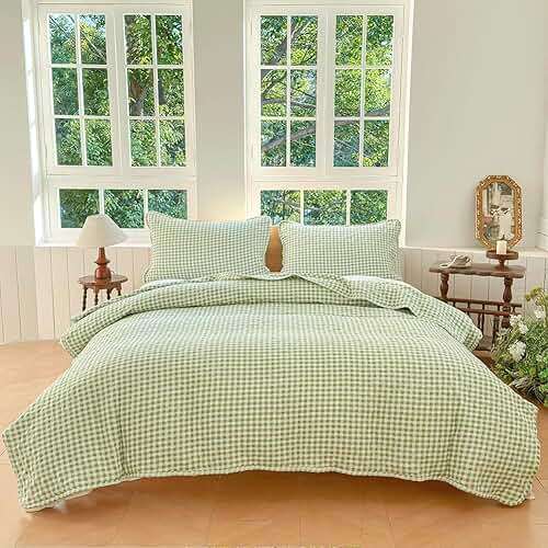 Sage Green Gingham Queen Quilt Set, Soft Pre-washed Microfiber Green Plaid Queen Bedspread, Lightweight Checked Summer Quilt, Grid Bedding Coverlets for All Seasons (Includes 1 Quilt, 2 Pillow Shams) - Image 7
