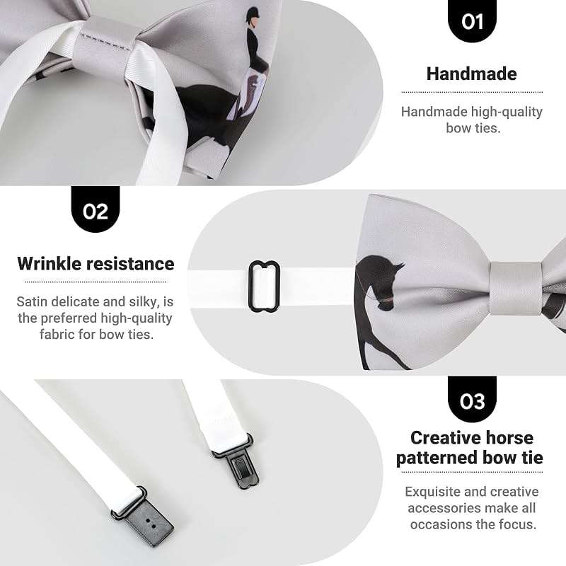 CHEIVEMENG Men's Horse Race Bow Tie Satin Silk Pre-tied Solid Horse Racing Bow Ties for Men with Gift Box - Image 2