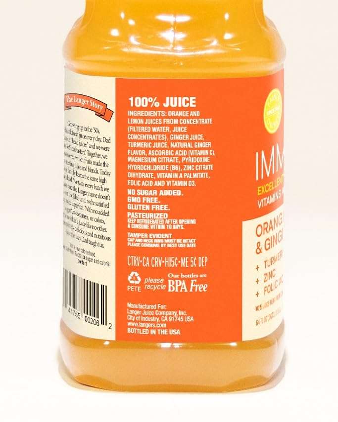 Langers 64 fl oz Immunboost 100% Juice - Orange, Lemon, Turmeric and Ginger juices with added Vitamins, Magnesium, Zinc. 1,000mg Vitamin C per serving., 64 Fl Oz (Pack of 1) - Image 4