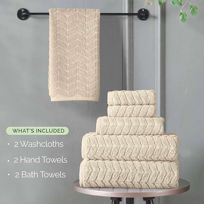 Elegant Comfort Luxury 6-Piece 100% Turkish Cotton Jacquard Braided Textured Premium Hotel Quality Towel Set– Soft and Absorbent, Includes 2 Bath Towels, 2 Hand Towels and 2 Washcloths, Ivory - Image 4