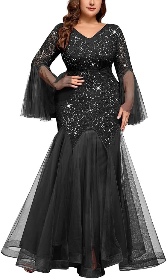 MISSMAY Women's Plus Size Sequins Lace V Neck Sheer Long Sleeves Tulle Mermaid Hem Evening Dresses - Product Image