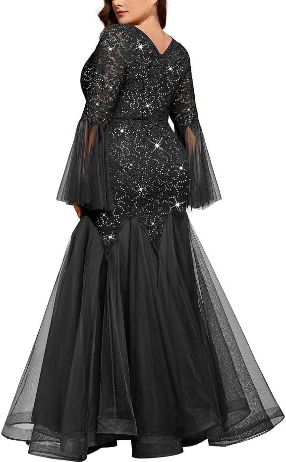 MISSMAY Women's Plus Size Sequins Lace V Neck Sheer Long Sleeves Tulle Mermaid Hem Evening Dresses - Image 2