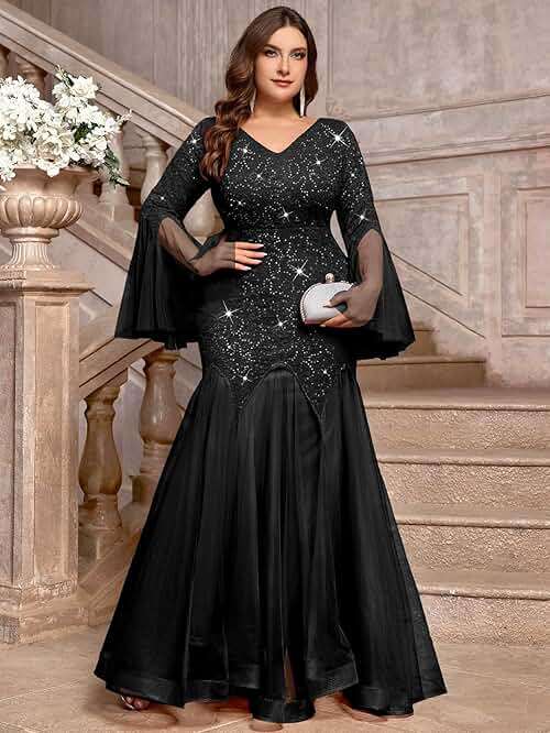 MISSMAY Women's Plus Size Sequins Lace V Neck Sheer Long Sleeves Tulle Mermaid Hem Evening Dresses - Image 4