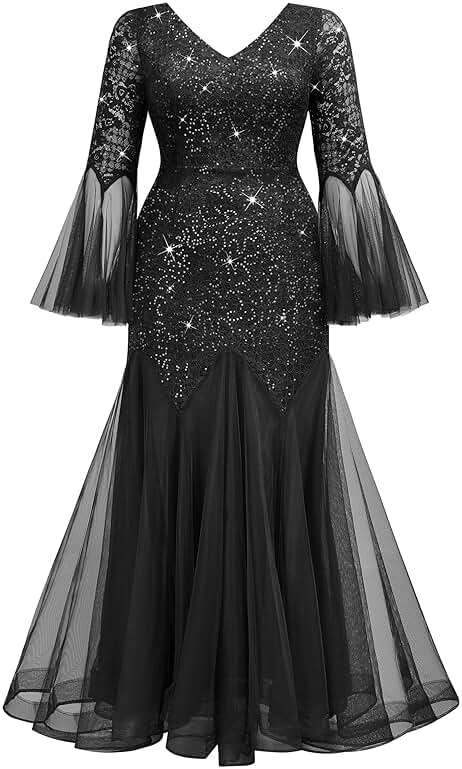 MISSMAY Women's Plus Size Sequins Lace V Neck Sheer Long Sleeves Tulle Mermaid Hem Evening Dresses - Image 5