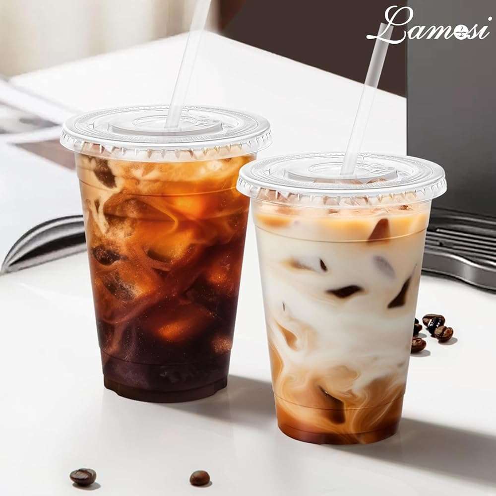 Lamosi 100 Pack 16 oz Clear Plastic Cups with Lids and Straws, Disposable Plastic Coffee Cups with Lids for Iced Coffee, Cold Beverages, Smoothies and To-Go Drinks - Image 2