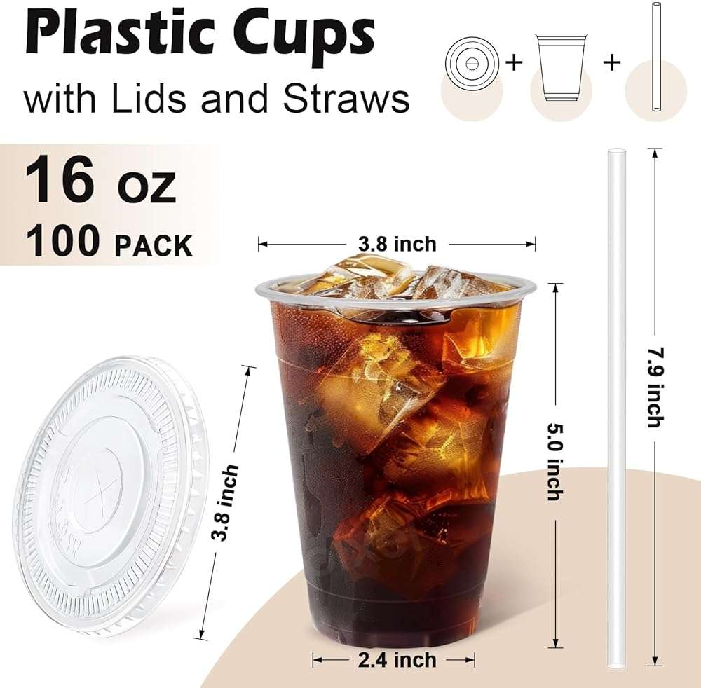 Lamosi 100 Pack 16 oz Clear Plastic Cups with Lids and Straws, Disposable Plastic Coffee Cups with Lids for Iced Coffee, Cold Beverages, Smoothies and To-Go Drinks - Image 3