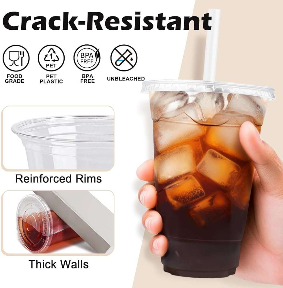 Lamosi 100 Pack 16 oz Clear Plastic Cups with Lids and Straws, Disposable Plastic Coffee Cups with Lids for Iced Coffee, Cold Beverages, Smoothies and To-Go Drinks - Image 4
