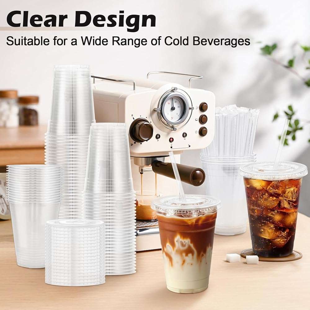 Lamosi 100 Pack 16 oz Clear Plastic Cups with Lids and Straws, Disposable Plastic Coffee Cups with Lids for Iced Coffee, Cold Beverages, Smoothies and To-Go Drinks - Image 5