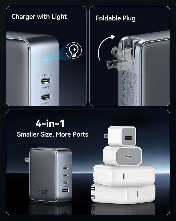 USB C Charger Block 140W, 4-Port GaN PD3.1 PPS Fast Laptop Charger Foldable Compact Power Adapter for MacBook Pro, iPhone 17/16/15 Series, iPad Air, Galaxy S25/S24 Ultra, Steam Deck, Google Pixelbook - Image 6