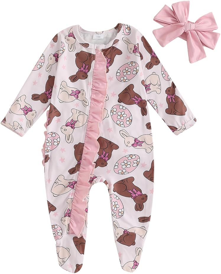 AHUGHAUE Newborn Baby Girl Easter Outfit Bow Bunny Print Footie Romper Ruffle Zipper Bodysuit Jumpsuit with Headband - Product Image
