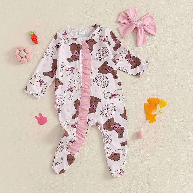 AHUGHAUE Newborn Baby Girl Easter Outfit Bow Bunny Print Footie Romper Ruffle Zipper Bodysuit Jumpsuit with Headband - Image 2