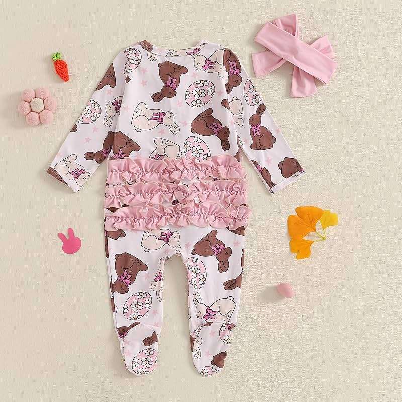AHUGHAUE Newborn Baby Girl Easter Outfit Bow Bunny Print Footie Romper Ruffle Zipper Bodysuit Jumpsuit with Headband - Image 3