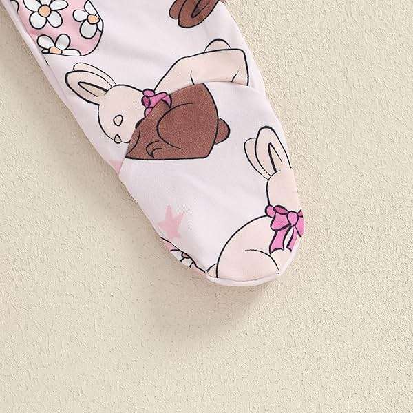 AHUGHAUE Newborn Baby Girl Easter Outfit Bow Bunny Print Footie Romper Ruffle Zipper Bodysuit Jumpsuit with Headband - Image 5