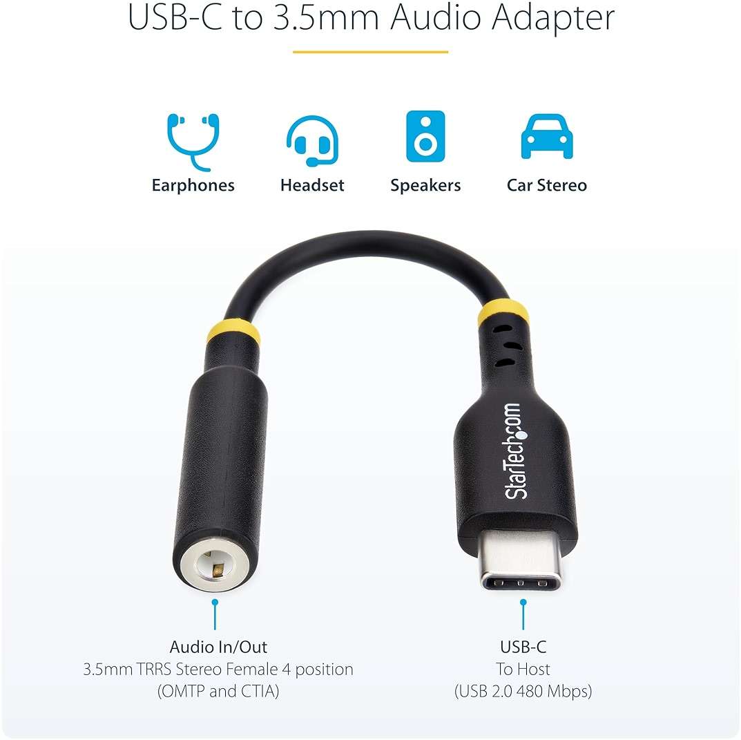 StarTech.com 5in (12.7cm) USB-C to 3.5mm TRRS Headphone/Headset Jack Audio Adapter, 32-bit DAC, USB C Aux Dongle for PC/Phone - Image 2
