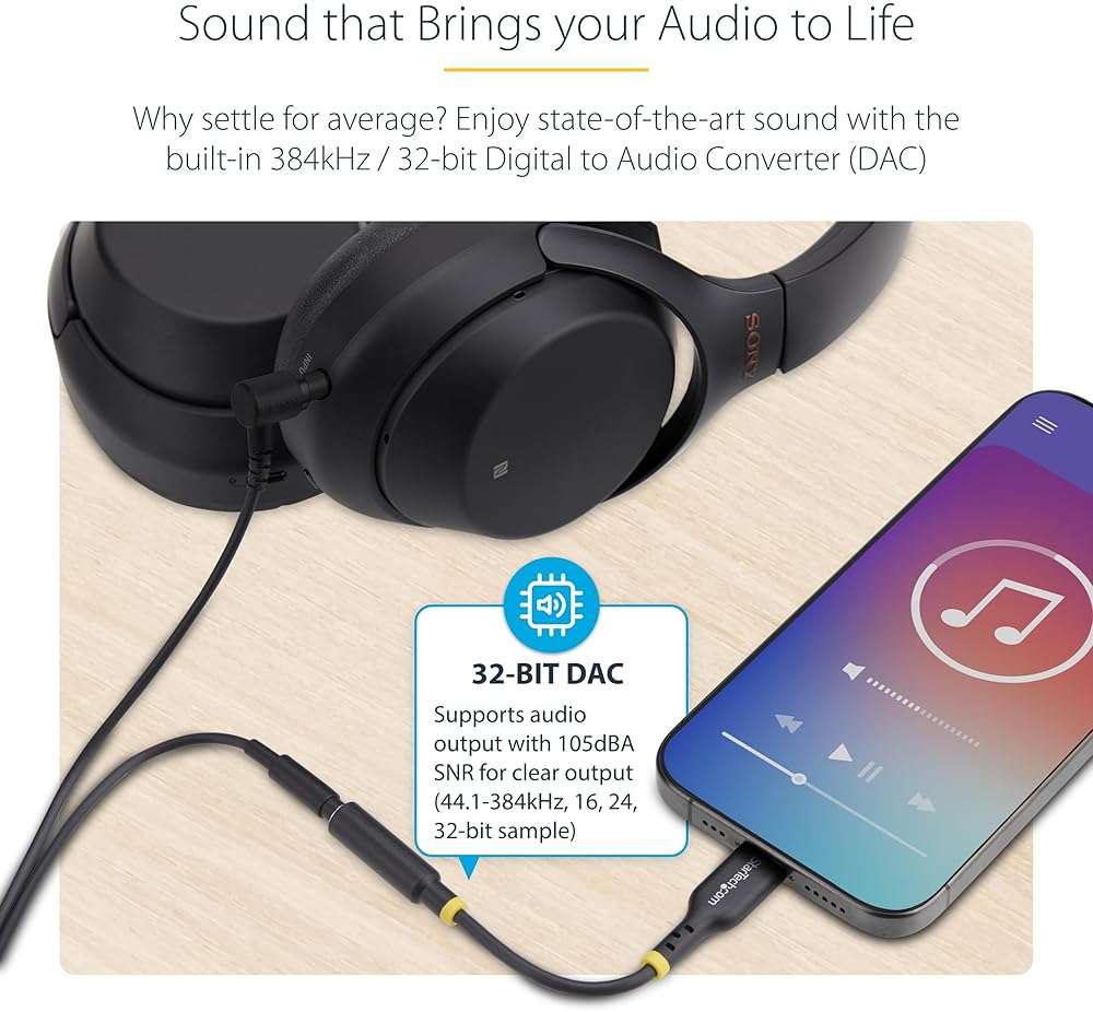 StarTech.com 5in (12.7cm) USB-C to 3.5mm TRRS Headphone/Headset Jack Audio Adapter, 32-bit DAC, USB C Aux Dongle for PC/Phone - Image 4