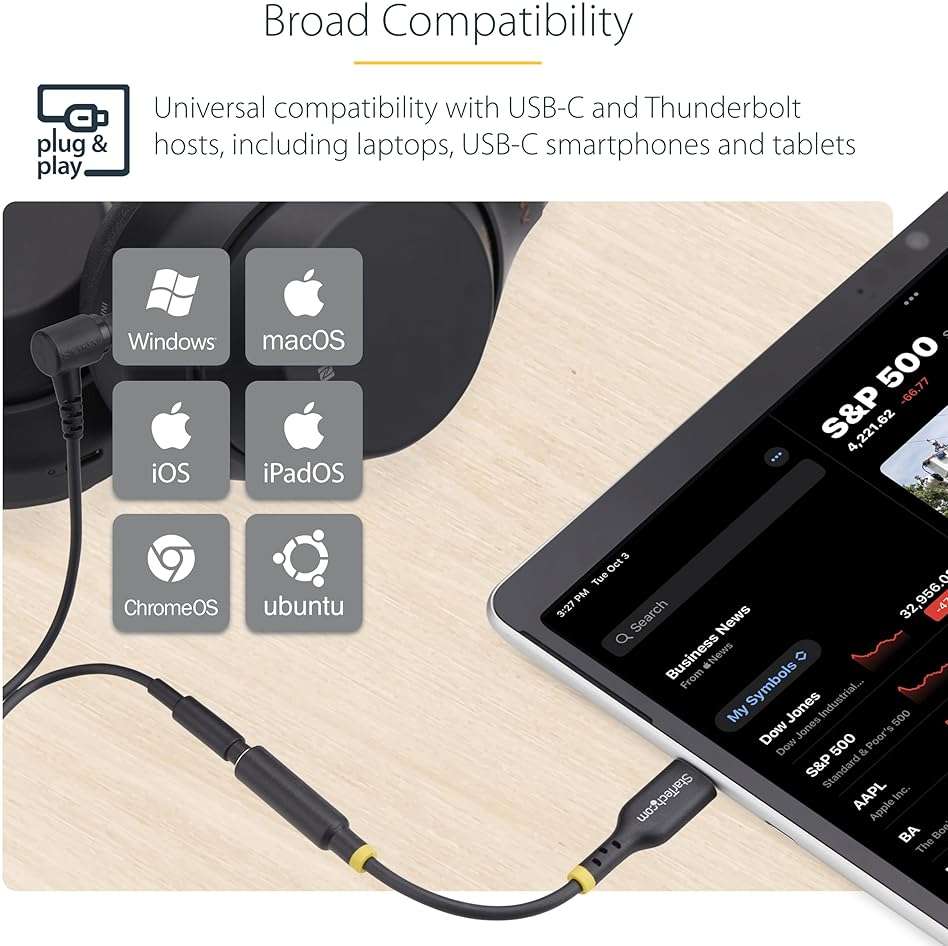 StarTech.com 5in (12.7cm) USB-C to 3.5mm TRRS Headphone/Headset Jack Audio Adapter, 32-bit DAC, USB C Aux Dongle for PC/Phone - Image 6