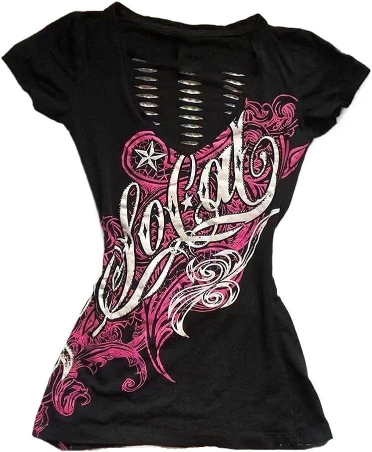 Emo Grunge Top Short Sleeve Y2k Shirts Vintage Streetwear Tops Women 2000s Fashion - Product Image