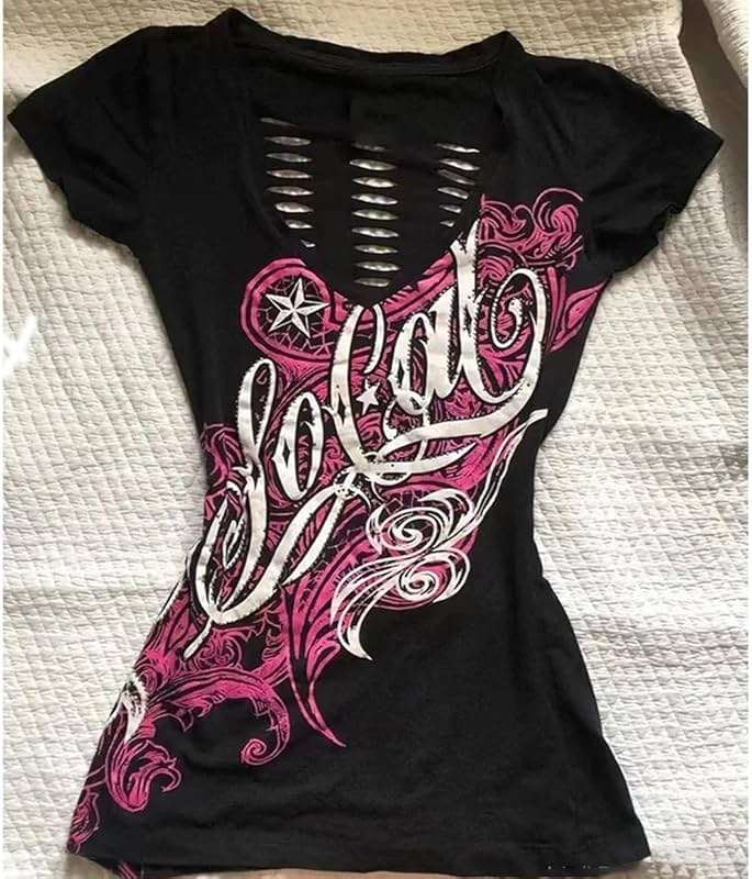 Emo Grunge Top Short Sleeve Y2k Shirts Vintage Streetwear Tops Women 2000s Fashion - Image 2