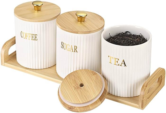 OGANAZI 3 Pack Ceramic Canister Set with Bamboo Lids and Handle Tray, Coffee Tea Sugar Container Set, White Ceramic Storage Jar Kitchen Canister for Countertop, White-Style 2 - Product Image