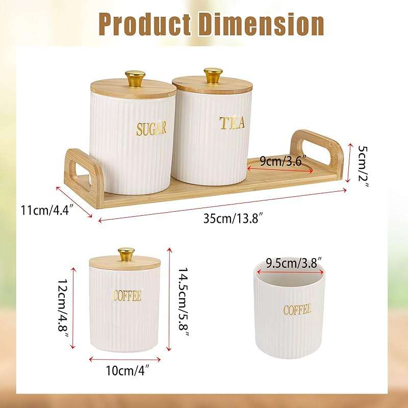 OGANAZI 3 Pack Ceramic Canister Set with Bamboo Lids and Handle Tray, Coffee Tea Sugar Container Set, White Ceramic Storage Jar Kitchen Canister for Countertop, White-Style 2 - Image 3