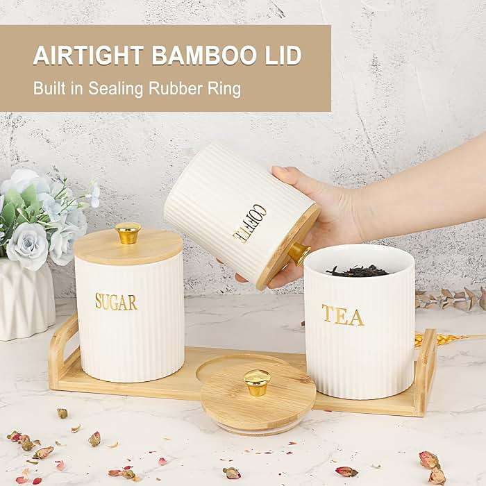 OGANAZI 3 Pack Ceramic Canister Set with Bamboo Lids and Handle Tray, Coffee Tea Sugar Container Set, White Ceramic Storage Jar Kitchen Canister for Countertop, White-Style 2 - Image 4