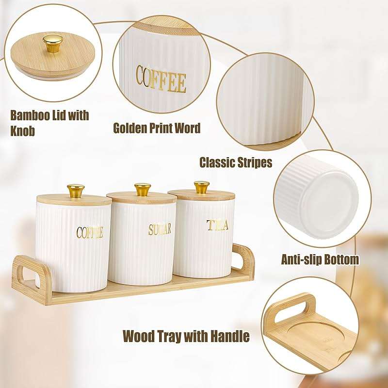 OGANAZI 3 Pack Ceramic Canister Set with Bamboo Lids and Handle Tray, Coffee Tea Sugar Container Set, White Ceramic Storage Jar Kitchen Canister for Countertop, White-Style 2 - Image 5