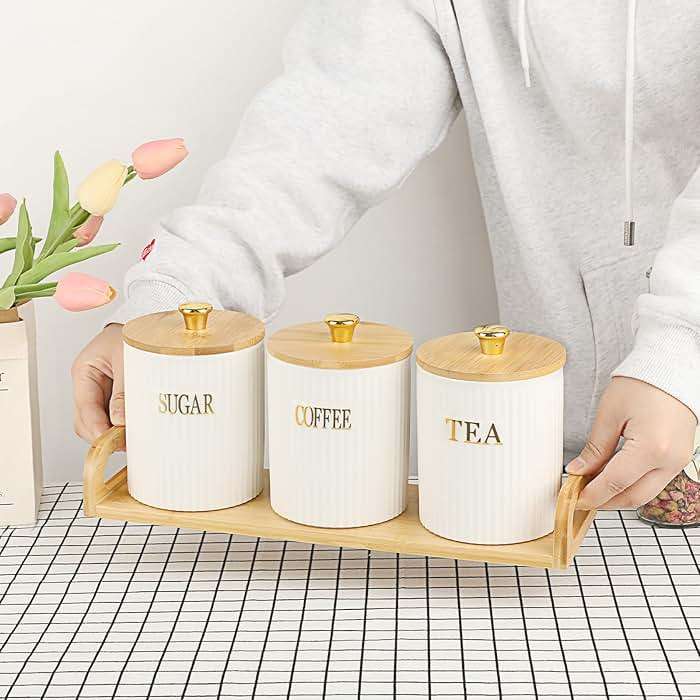 OGANAZI 3 Pack Ceramic Canister Set with Bamboo Lids and Handle Tray, Coffee Tea Sugar Container Set, White Ceramic Storage Jar Kitchen Canister for Countertop, White-Style 2 - Image 6