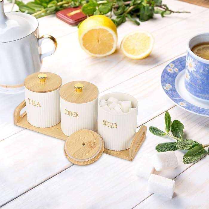 OGANAZI 3 Pack Ceramic Canister Set with Bamboo Lids and Handle Tray, Coffee Tea Sugar Container Set, White Ceramic Storage Jar Kitchen Canister for Countertop, White-Style 2 - Image 7
