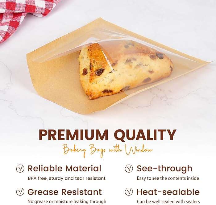Foranda 100 Pack Cookie Packaging Bags with Seal, 5.7x6.5 Inch Heat Sealable Paper Cookie Sleeves, Grease Resistant To Go Bakery Bags with Window for Bake Sale Brownie, Treat, Donut, Cake Slice, Scone - Image 5