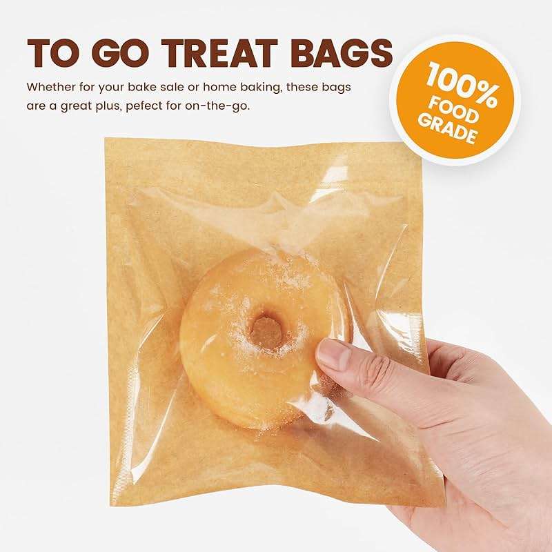 Foranda 100 Pack Cookie Packaging Bags with Seal, 5.7x6.5 Inch Heat Sealable Paper Cookie Sleeves, Grease Resistant To Go Bakery Bags with Window for Bake Sale Brownie, Treat, Donut, Cake Slice, Scone - Image 6