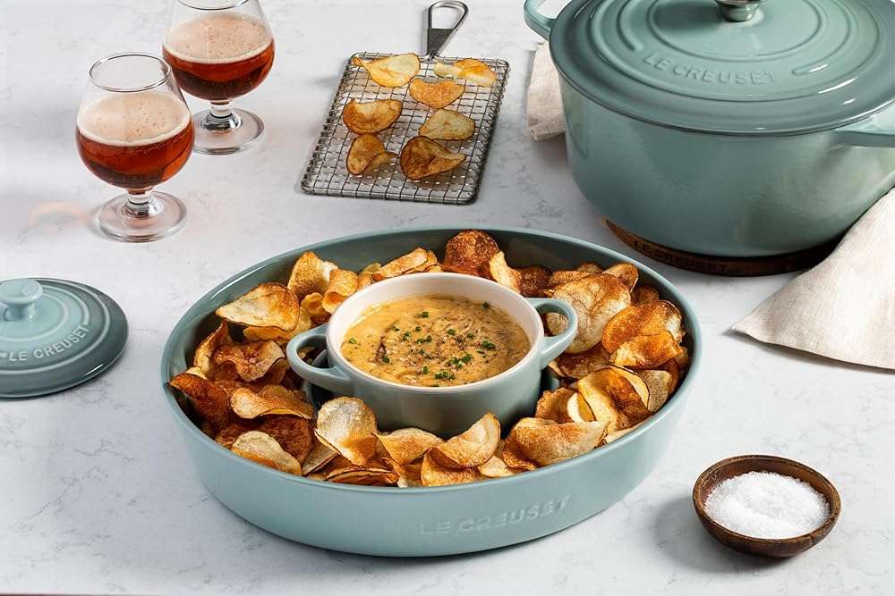 Le Creuset Stoneware Signature Oval Chip and Dip Platter, 13", Sea Salt - Image 2