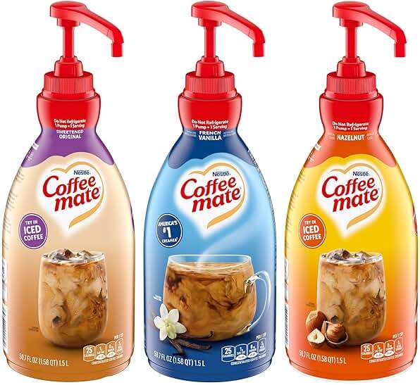 Nestlé Coffee mate Liquid Concentrate 1.5 Liter Pump Bottles, 3 Flavors Sweetened Original, French Vanilla & Hazelnut (Pack of 3) - Image 1
