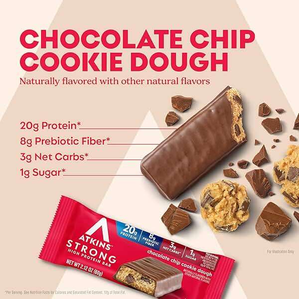 Atkins Strong Chocolate Chip Cookie Dough High Protein Bars, 20g Protein, 2g Sugar, 4 Count (Pack of 6) - Image 2