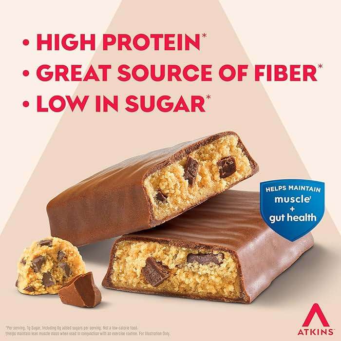 Atkins Strong Chocolate Chip Cookie Dough High Protein Bars, 20g Protein, 2g Sugar, 4 Count (Pack of 6) - Image 3