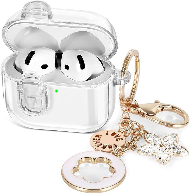(with Safety Lock) Clear Case Compatible with Cute Apple Airpods 4 Case 2024 Women, Transparency Soft TPU Air pods 4 Gen Cases iPods 4 Earbuds Cases Girl Bling Keychain for Airpod iPods 4th Generation - Image 1